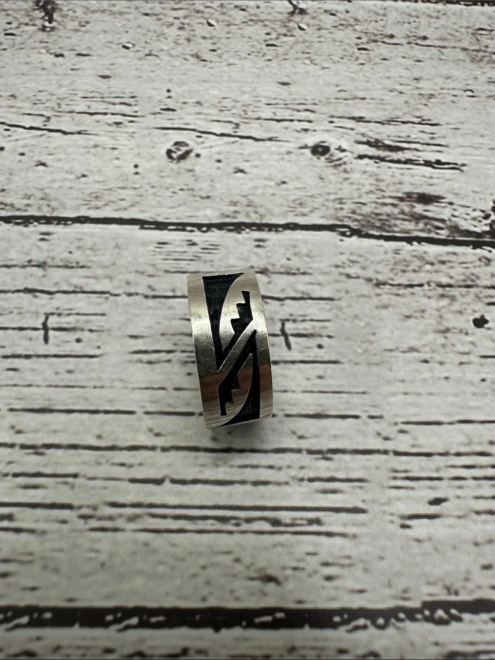Hopi Silver Band Ring with Black Geometric Inlay